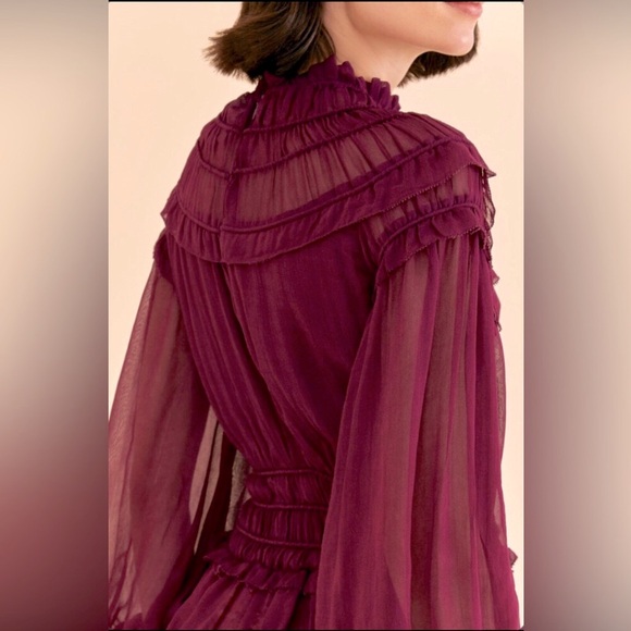 Farm Rio Burgundy Ruffle High Neck Blouse Top NWOT - Picture 4 of 8